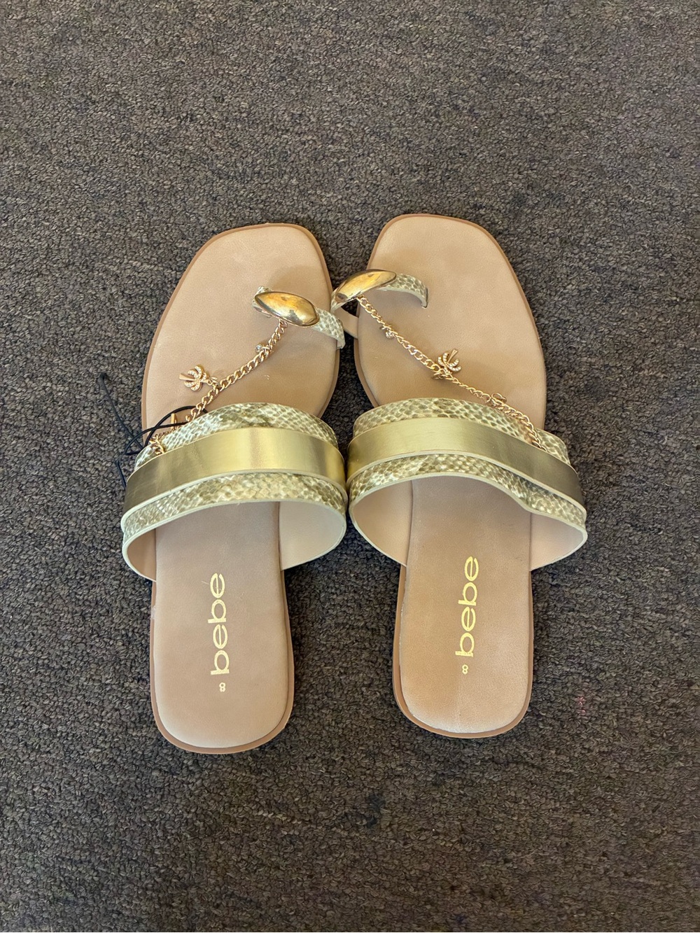 bebe Gold and Tan Dual-Strap Slide Sandals